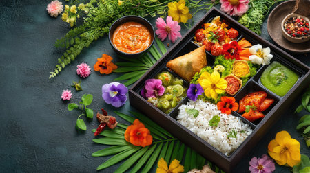 This vibrant image showcases a beautifully arranged Indian meal in a traditional bento box, surrounded by colorful flowers and lush greenery, emphasizing a feast for the senses.の素材