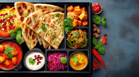 A beautifully arranged Indian cuisine platter featuring naan, paneer, and a variety of colorful vegetables. Perfect for showcasing vibrant culinary traditions and flavors.の素材