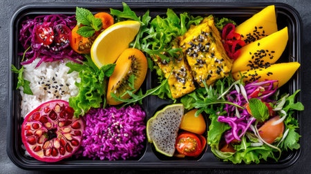 A vibrant and colorful healthy meal presented in a black container, featuring a variety of fresh vegetables, fruits, grains, and garnishes, ideal for health-conscious dining.の素材
