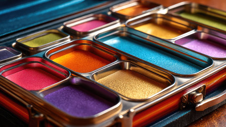 A closeup view of a vibrant color palette showcasing an array of artistic shades in a metallic case, ideal for creative minds and craft projects.の素材