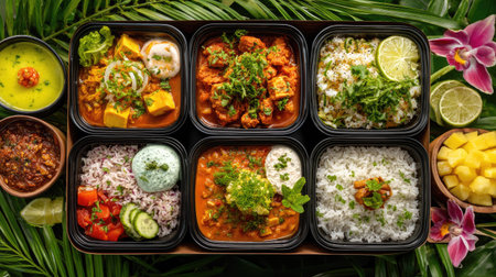 A vibrant Indian cuisine platter showcasing an array of colorful dishes including curry, rice, and fresh vegetables, beautifully presented with tropical elements.の素材