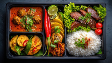 This image showcases a beautifully arranged culinary platter, highlighting spicy chicken, fragrant herbs, fresh vegetables, and rice, perfect for vibrant dining experiences.の素材