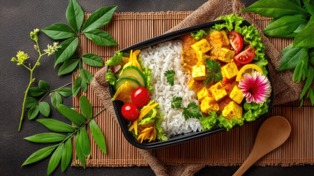This beautifully arranged Indian meal features fluffy rice accompanied by creamy paneer curry and a variety of fresh vegetables. Perfect for food lovers and healthy eaters alike.の素材