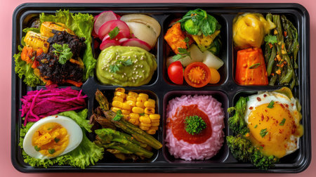 A vibrant meal box filled with an array of colorful vegetables, proteins, and grains, designed for a balanced and satisfying culinary experience.の素材