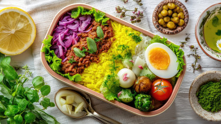 This image showcases a vibrant meal featuring rice, fresh vegetables, eggs, and herbs, beautifully arranged to entice the senses and celebrate healthy eating.の素材