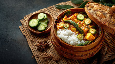 A vibrant display of a delicious Asian dish featuring chicken, rice, and vegetables, served in a bamboo steamer with fresh cucumbers for garnish.の素材