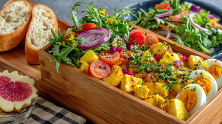 Delightful vegetarian lunch box featuring colorful ingredients like eggs, fresh salads, and crunchy bread, perfect for a healthy meal choice.の素材