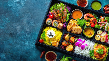 A colorful Asian cuisine platter featuring fresh shrimp, sushi rolls, and vibrant vegetables. Perfect for a gourmet dining experience or food photography.の素材