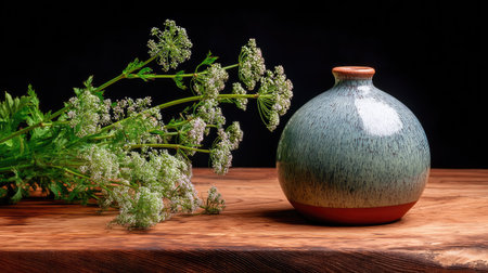 A beautifully crafted ceramic vase placed next to fresh herbs on a rustic wooden table, against a rich dark background, showcasing elegance and simplicity.の素材