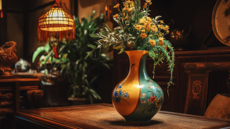 A beautifully crafted vase filled with vibrant flowers sits on a rustic table, surrounded by an antique decor that enriches the warm ambiance of the scene.の素材