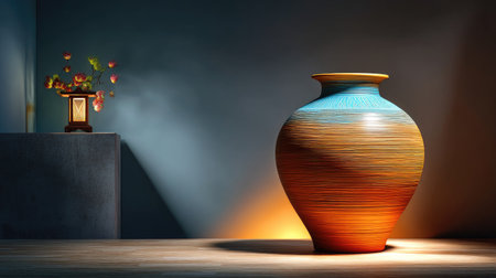 This captivating image showcases an elegant decorative vase with an artistic design, highlighted by warm lighting, creating a serene atmosphere in a modern interior.の素材