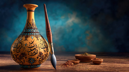 An artistic still life featuring a colorful ceramic vase with intricate patterns, a traditional brush, and assorted spices on a rustic wooden table.の素材