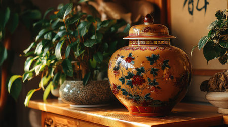 A charming ceramic jar adorned with intricate floral designs rests on a polished wooden surface, surrounded by lush green plants, creating a warm and inviting atmosphere.の素材
