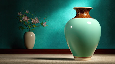 This image showcases a stunning turquoise vase and a delicate floral arrangement against a softly lit textured wall, perfect for interior design inspiration.の素材