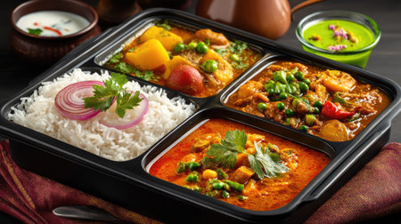 Indulge in a vibrant presentation of Indian cuisine featuring flavorful curries, fragrant rice, and fresh vegetables, perfect for any meal.の素材