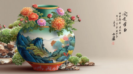 This stunning image showcases a colorful Chinese vase adorned with intricate floral designs and a beautiful traditional landscape painting, perfect for adding elegance.の素材
