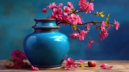 A stunning blue ceramic vase beautifully holds vibrant cherry blossom branches and petals, creating an elegant springtime atmosphere. Perfect for decor.の素材