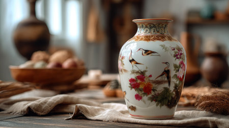This stunning ceramic vase showcases intricate bird and flower designs, resting elegantly on a rustic wooden table. The natural light enhances its beauty, creating a harmonious atmosphere perfect for home decor.の素材