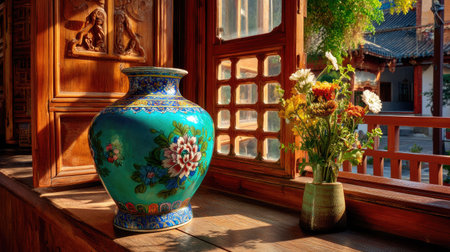 A beautifully crafted traditional vase in turquoise stands by a window, accompanied by a delicate floral arrangement. Sunlight streams in, creating a warm ambiance.の素材