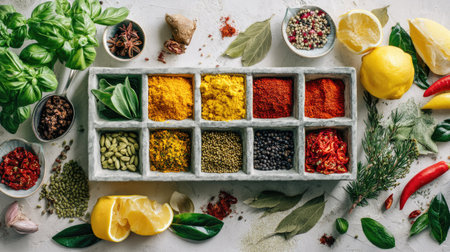 A vibrant collection of spices and fresh herbs arranged on a rustic table, accompanied by slices of lemon and garlic for a culinary masterpiece.の素材