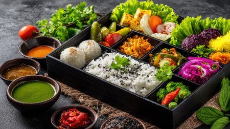A vibrant vegetarian meal platter featuring rice, assorted fresh vegetables, and flavorful sauces, ideal for healthy dining and nutrition.の素材