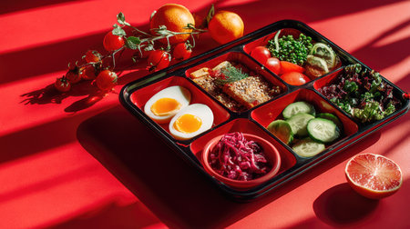 A visually appealing meal featuring a variety of fresh vegetables, eggs, and fruits arranged on a bright red background, showcasing healthy eating.の素材