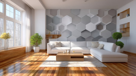 This modern living room features a striking hexagonal wall design and bright natural light, creating a cozy yet stylish atmosphere. The spacious layout includes a comfortable sofa, wooden floor, and green plants, enhancing the aesthetic appeal of the interior space.の素材