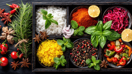 A vibrant display of fresh herbs, spices, and colorful vegetables arranged beautifully on a dark wooden table, perfect for culinary inspiration.の素材
