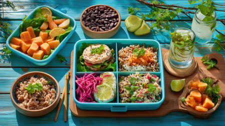 A vibrant meal prep display featuring various fresh dishes in a blue container, highlighting healthy ingredients and colorful arrangements for a nutritious lifestyle.の素材