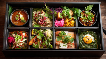 This beautifully arranged gourmet bento box showcases a variety of vibrant dishes, highlighting fresh ingredients, artistic presentation, and balanced flavors.の素材