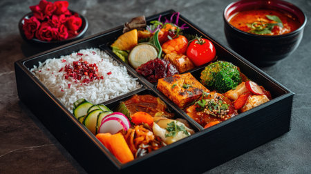 A beautifully arranged bento box featuring an array of colorful vegetables, fragrant rice, and a comforting soup, perfect for any meal occasion.の素材
