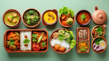A vibrant display of traditional Indian food featuring rice, curries, vegetables, and snacks arranged in beautiful tiffin containers, ideal for meal inspiration.の素材