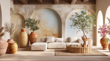 A serene and inviting living room featuring a minimalist design with natural elements, cozy furnishings, and large decorative pots enhancing the tranquil atmosphere.の素材