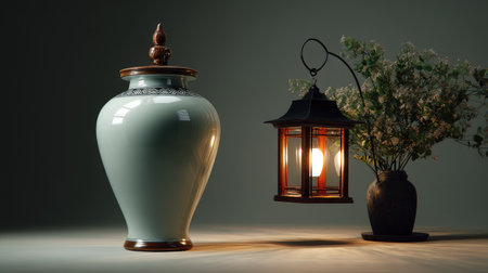 Charming still life composition featuring a vintage lantern, a decorative vase, and fresh flowers, creating a serene ambiance with soft lighting.の素材