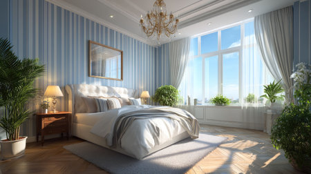 This bright and cozy bedroom features stylish decor, elegant lighting, and soothing colors. It exudes comfort and tranquility, perfect for relaxing moments.の素材