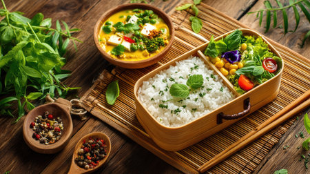 Enjoy a vibrant vegetarian meal presented in a bento box, featuring fluffy rice, curry, fresh herbs, and a colorful salad, perfect for healthy eating.の素材