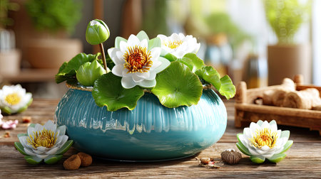 This image showcases an elegant water lily arrangement in a vibrant blue pot, with lush green leaves and additional decorative elements, creating a serene atmosphere.の素材