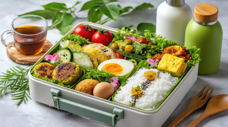 A beautifully arranged bento box featuring a variety of fresh vegetables, rice, and eggs, complemented by a cup of tea, perfect for healthy eating.の素材
