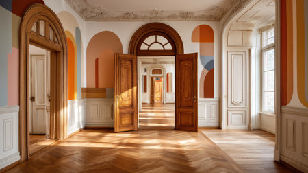 This captivating image showcases a historic room featuring elegant architectural details, colorful wall designs, and stunning natural light illuminating the space.の素材