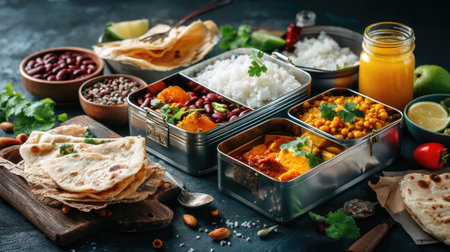 A beautifully arranged selection of Indian cuisine showcasing rice, lentils, vibrant vegetables, and traditional breads on a rustic wooden table.の素材