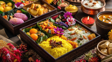 Experience a vibrant Indian feast featuring a variety of colorful dishes, fresh ingredients, and beautiful traditional decor perfect for celebrations.の素材