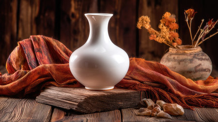 Beautifully arranged white ceramic vase set against a rustic wooden background, adorned with autumn flowers and cozy textiles, evoking warmth and tranquility.の素材