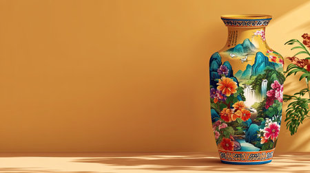 This image features a vibrant, decorative vase adorned with a stunning floral design set against a bright yellow background, offering a beautiful aesthetic for various decor styles.の素材