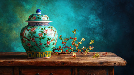 A beautifully crafted decorative jar featuring intricate floral designs, resting on a rustic wooden surface with a vibrant background, creating a stunning visual.の素材