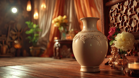 A stunning ceramic vase stands proudly on a wooden floor, surrounded by vibrant flowers and warm lighting, creating a peaceful and elegant ambiance.の素材