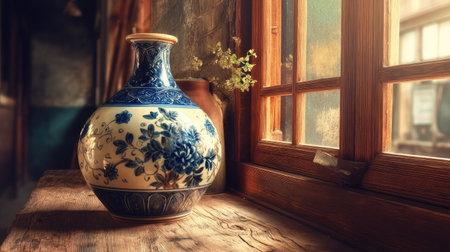This exquisite blue and white porcelain vase showcases intricate floral patterns, placed by a sunlit window in a rustic interior. Ideal for inspiring home decor ideas.の素材