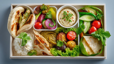 A vibrant wooden tray filled with a variety of Indian dishes, showcasing colorful vegetables, traditional breads, and flavorful sides, perfect for a delightful meal.の素材