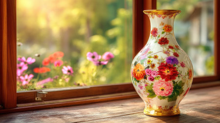 A beautiful floral vase sits elegantly beside a window, with soft afternoon light illuminating the vibrant garden outside. A tranquil still-life setting.の素材