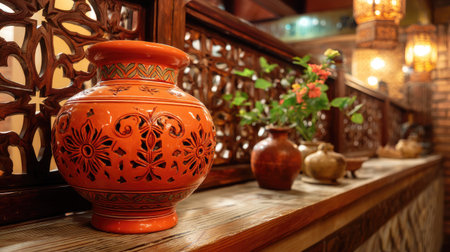 A vibrant terracotta vase adorned with intricate designs sits on a wooden table, surrounded by warm lighting and a cozy atmosphere, perfect for home decor.の素材
