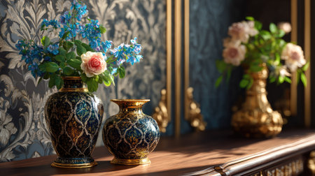 This captivating image features two elegant vases adorned with flowers, set against a richly textured wallpaper. The floral arrangement combines blue blooms and soft pink roses, creating a warm and inviting atmosphere, perfect for enhancing any interior space.の素材
